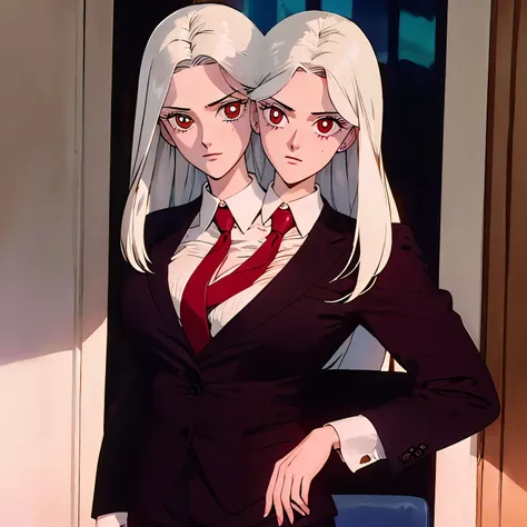 (2heads:1.4), long white hair, red eyes, pale skin, business suit, oval office