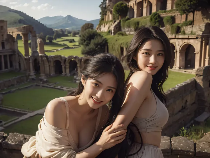 Ancient Roman ruins,Poussin-style landscape,A smile,,Sweet and seductive appearance.、Caravaggios paintings、Chiaroscuro of Caravaggio、Hair disheveled in the wind,Two women frolicking,Cute smile, Expression of ecstasy,A sexy,Erotic 