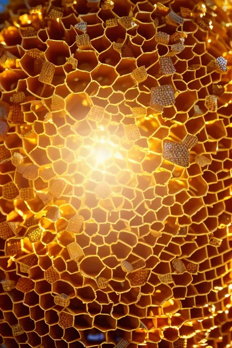 A vibrant and intricately woven nest of bees, (golden honeycombs:1.2), (detailed hexagonal patterns:1.3), meticulously crafted by industrious bees, suspended in the air from a sturdy tree branch, bathed in the warm golden light of the late afternoon sun, (...