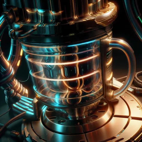 opticaltech ,scifi, optical fibers,inner glow , 
coffee machine , mug,