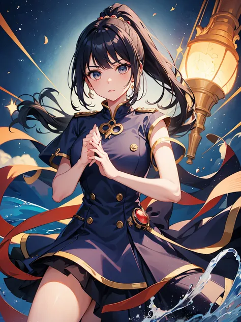 1girl, navy hair, ponytail, salmon eyes, ((english style dress)), ((idol)), magical girl, darkblue dress, naval uniform