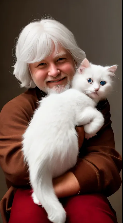 white-haired kitten sitting on someone&#39;s hand， miniature kitten， Animal focus， bearded， Realistic， Gonzo hand， ambiguous background，smile，interesting