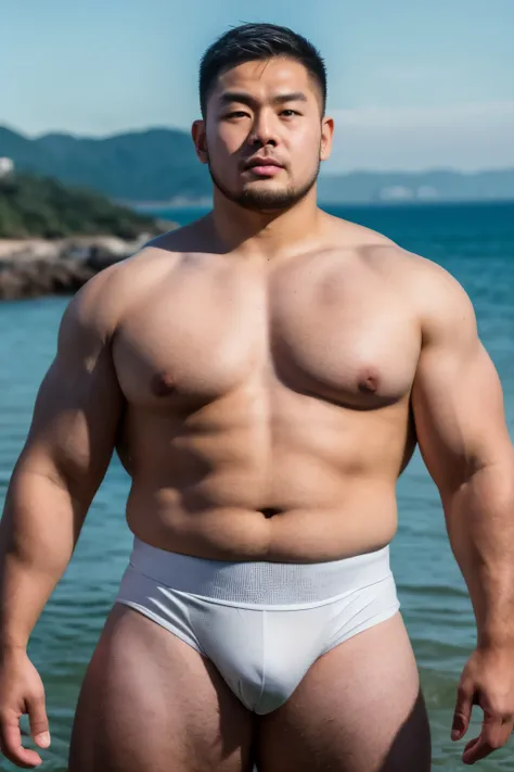 1 man, Wiry man, sweating, (Heavyset body:0.6), whole body, chest muscles, (Slightly overweight:0.8), (big head:1.2),stubble, Mongolian, thin face, single eyelid, small eyes, rugby player, strong neck, white transparent short bikini pants, white transparen...