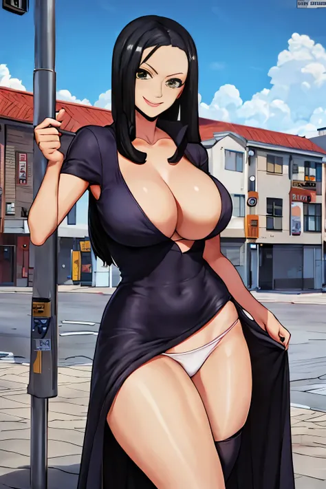 masterpiece, 最high quality, high quality, 
outdoor, street, 
looking at the viewer, 
1 female, black dress, one piece、Nico Robin、smile、big breasts、stockings