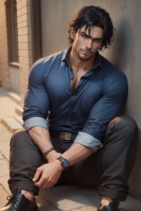 FRED barbarian man with black hair, messy hair, slight beard, ferocious expression, strong build, intense gaze, veins bulging on his neck, BREAK dressed in modern casual wear, deep blush, smirk,
BREAK (indigo theme:1.4), (tucked out and button-up oversized...