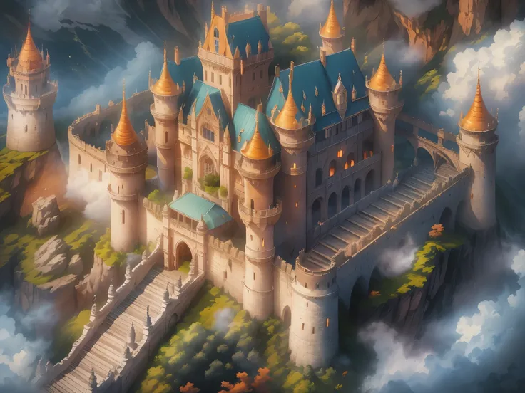 A castle surrounded by clouds, magnificent architecture, illustrations, super details, realistic: 1.37, vivid colors, soft lighting