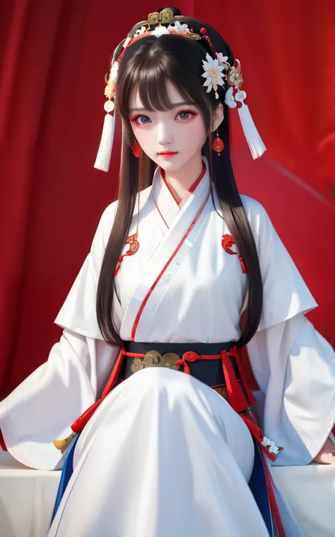 (high resolution, Realistic style,Girl in white, Ming Dynasty Hanfu，mage，Red eyes.)