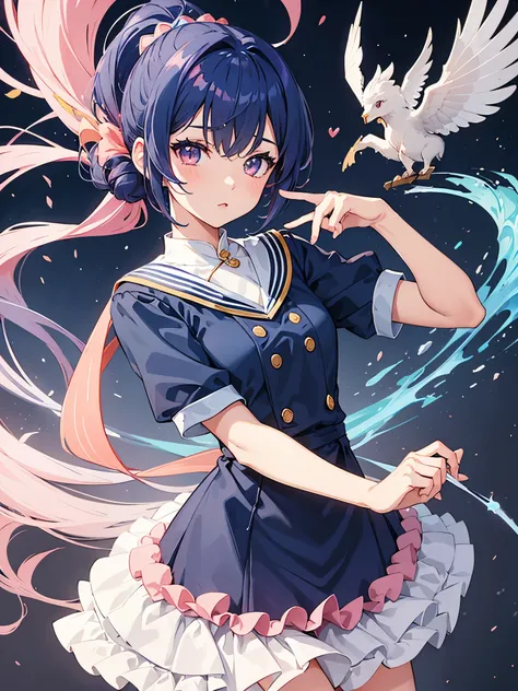 1girl, navyblue hair, ponytail, salmon pink eyes, ((idol)), magical girl, darkblue dress, naval uniform