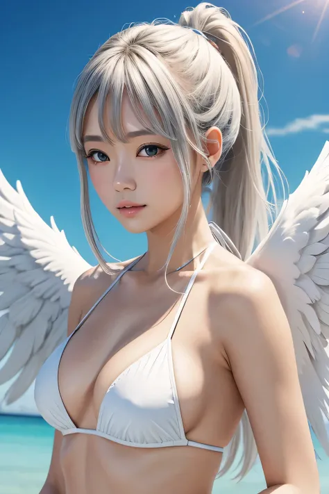 female angel、white angel wings、break、british、Silver Ponytail、break、white bikini、background is sky