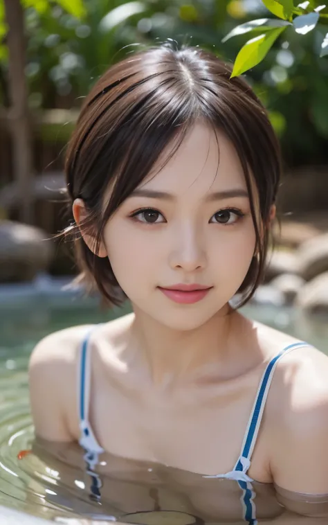 cute 21 year old japanese、2 women,super detailed face、Attention to detail、double eyelid、Beautiful thin nose、Sharp focus:1.2、Beauty:1.4、(bright茶髪、short cut hair、white skin、highest quality、bright、masterpiece、ultra high resolution、(realism:1.4)、hot spring、Ope...