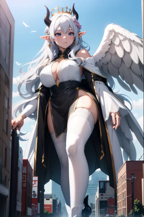 giant girl 50,000 feet high，Weight 1000kg，Has a pair of long legs，Open your eyes wide，Has three pairs of huge white angel wings，With huge devil horns on his head，crown on head，Elf wearing white earrings，She has long pink hair that reaches her feet，loose ha...