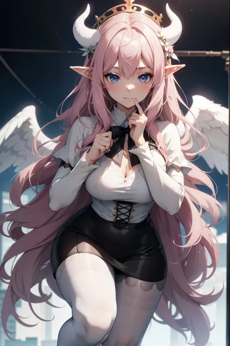 giant girl 50,000 feet high,Weight 1000kg,Has a pair of long legs,Open your eyes wide,Has three pairs of huge white angel wings,With huge devil horns on his head,crown on head,Elf wearing white earrings,She has long pink hair that reaches her feet,loose ha...