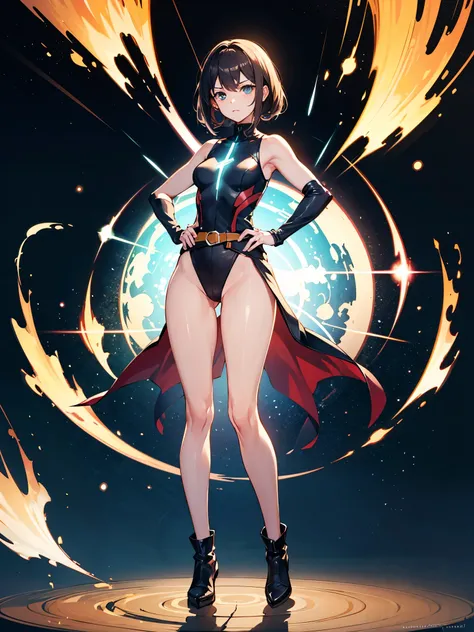 (((pixel-perfect, detail-perfect))), 1girl, superhero, leotard, highleg leotard, bare legs, boots, standing, solo focus, golden belt, hands on hip, full body shot, outer space, sleeveless, ultra highres, absurdres, beautiful face, detailed eyes, symmetric ...