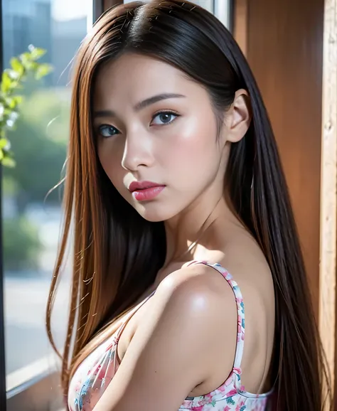 genuine、8K、there is a woman that is looking out of a window, single woman,、Portrait of an idol, young asian woman, from me,  beautiful young korean woman, perfect face、beautiful blue eyes、(((anatomically correct)))、white skin:1.3、pink lipstick