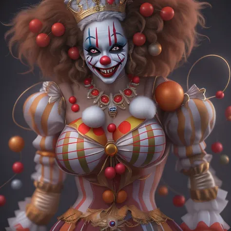 The nude Clown Queen, Exaggerated body movements，, big breasts, Red eyes，cutecore clowncore, jocker,  4k highly detailed digital art, stunning digital illustration, trending on artstation hq, 3d render digital art