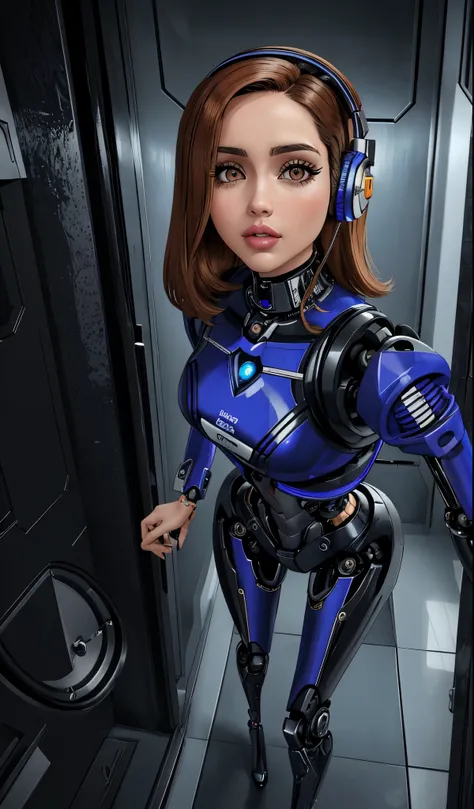 Robot woman, a woman with headphones standing in an elevator, Inspirado em Ana de Armas , trends on artstation, com elegante armadura cromada, barbie ciborgue, metal armor, a mischievous alien nurse robot, foto aproximada, vestindo um robosuit elegante, M...