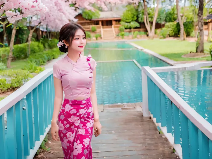 a beautiful burmese girl.she walking under cherry trees.mediun short.hyper deatiled.masterpiece.