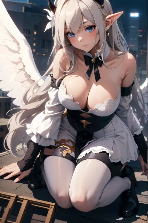 giant girl 50,000 feet high，Weight 1000kg，Have a pair of long legs，Keep your eyes open，Has three pairs of huge white angel wings，With huge devil horns on his head，wear a crown on your head，Elf wearing white earrings，She has long pink hair that reaches her ...