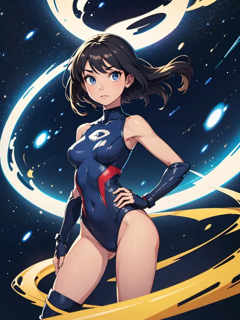 (((pixel-perfect, detail-perfect))), 1girl, superhero, leotard, highleg leotard, bare legs, boots, standing, solo focus, golden belt, hands on hip, full body shot, outer space, sleeveless, ultra highres, absurdres, beautiful face, detailed eyes, symmetric ...