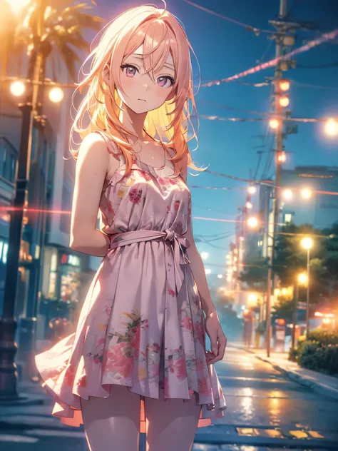 anime style, movieポートレート写真, 1 female, 30 years old, Full body Esbian, small and meager chest, bright yellow hair, long hair, red eyes, Wearing a pink dress, (natural skin texture vivid details, surreal, (realistic detailed eyes, natural skin texture, reali...