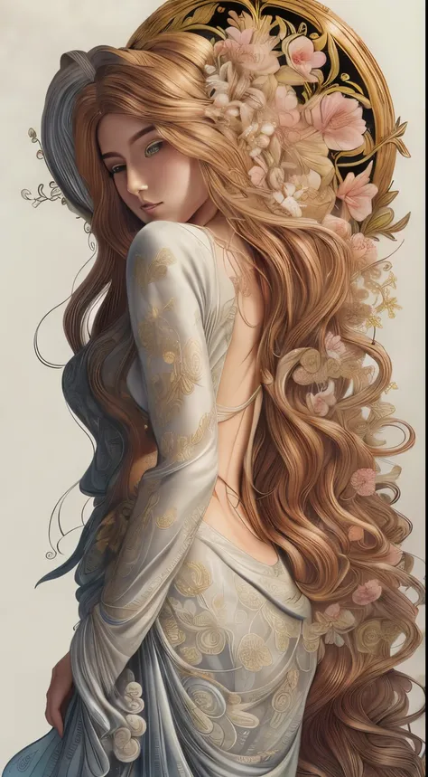 high quality, 8K Ultra HD, etching aquatint, fine lines and shadows, In the heart of Floral Fantasy Wonderland, behold a captivating and ethereal spirit of a beautiful maiden, gracefully adorned with the essence of blooming flower, Her golden long flowing ...