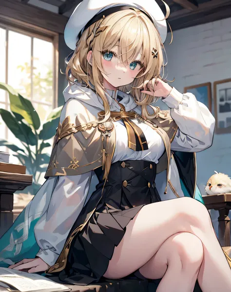 masterpiece,1girl, sparrow, a blonde haired girl, wearing a priestess uniform, curly medium hair, messy hair, black skirt, slim ...