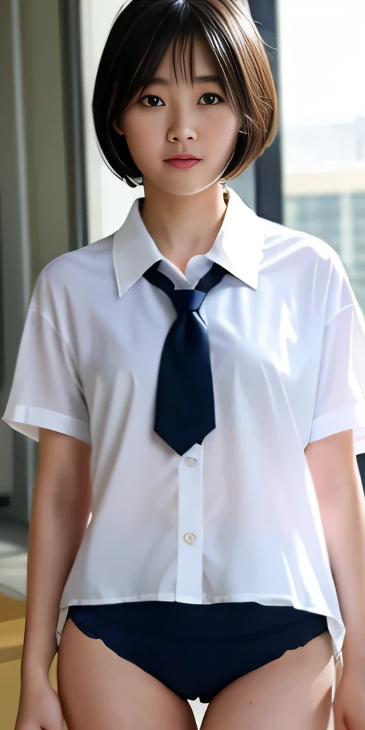 hi-school girl、( Uniform、Loose and large shirt、Shoulders are visible、Nipple bumps、16yo girl、shirt wet、Sheer white shirt、Navy blue ribbon at the collar、School Uniform Blazer、Dark blue pleated micro mini)、(Slimed)、Photorealsitic、detaileds, Skin Texture, ultr...