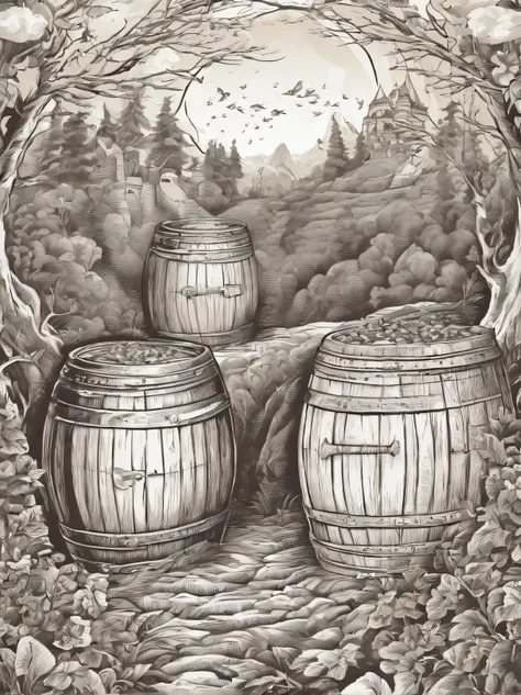 scotch barrels illustration, engraving style, 1 color, Lineart