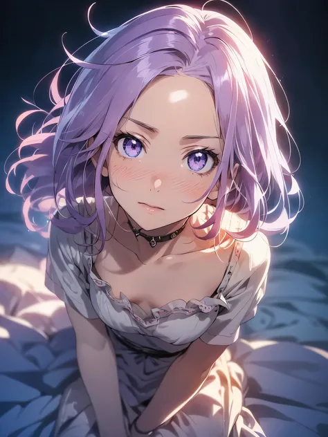 anime style, movieポートレート写真, 1 female, 30 years old, Full body Esbian, small and meager chest, bright purple hair, long hair, purple eyes, blue background eyes、eye make up、Wearing a pink dress, (natural skin texture vivid details, surreal, (realistic detail...