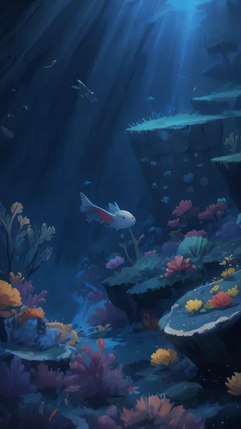 deep in the ocean，deep sea，seabed，dappled sunshine，cool colors，pixar style, best quality, stills, scene illustration，high detail...