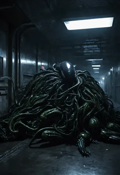 Many sexy women are cocooned in a slimy hard xenomorph nest, the women struggle futilely against their bindings, set in a hi-tech factory hallway, the xenomorph is barely visible, lurking in the shadows further down the hall, reference movie Alien 2, scien...