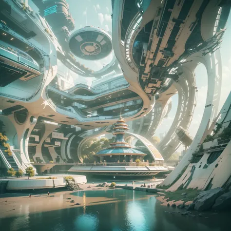 There is a huge spaceship floating in the sky，There is a large viewing platform，There&#39;s a huge engine in the back, futuristic interior, sci-fi interior, Detailed futuristic architecture, gorgeous 3d render, origami studio 3 design, rendered in lumion p...