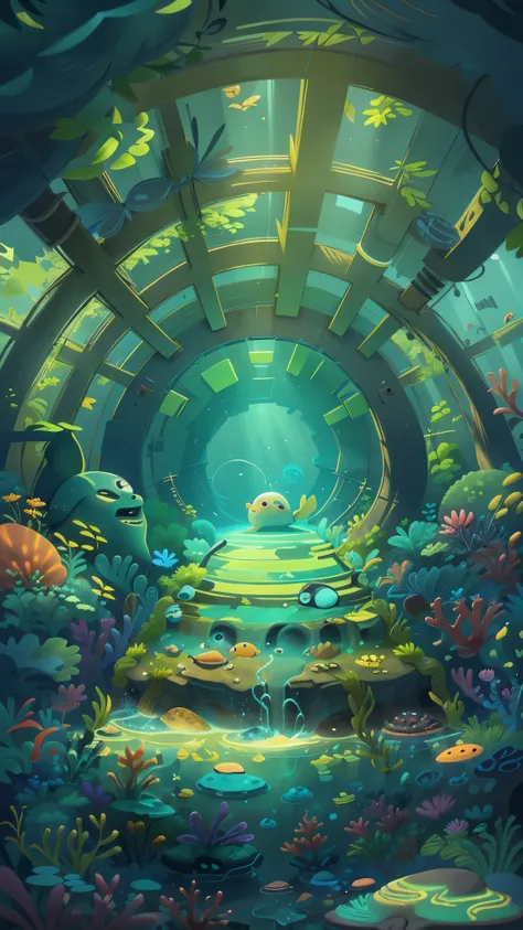 Deep in the ocean，deep sea，seabed，dappled sunshine，Cool colors，Pixar style, best quality, stills, Scene illustration，high details, high quality, masterpiece, ccurate, super detail，