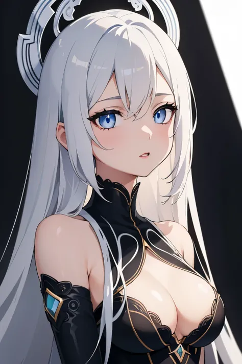 1girl, anime, cute girl, blank background, white background, fantasy, detailed dark fantasy dress with highlights, beautiful face, beautiful eyes, dark colors, silver hair, slightly small breasts, slight cleavage, beautiful skin, cute, breast curtains, ext...