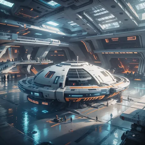 There is a huge spaceship floating in the sky，There is a large viewing platform，There&#39;s a huge engine in the back, futuristic interior, sci-fi interior, Detailed futuristic architecture, gorgeous 3d render, stunning 3 d render