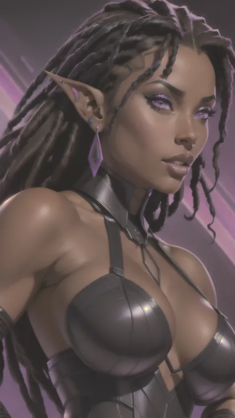 An (African-American) female, with dark (black dreadlocks), purple eyes, dark (brown skin), (pointed ears), (slutty assassin), (sexy) black armor, (lust) demon, (Sci-fi) fantasy, (close-up shot), perfect composition, hyper-detailed, 8K, high quality, (perf...