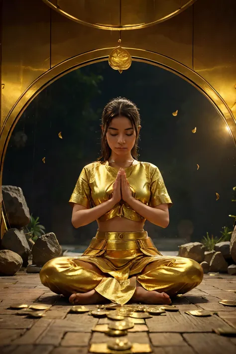 develop an animated image that shows a woman in lotus position meditating while money is raining from the sky and the universe is opening up to her through a golden door, make the image in beautiful colors, 