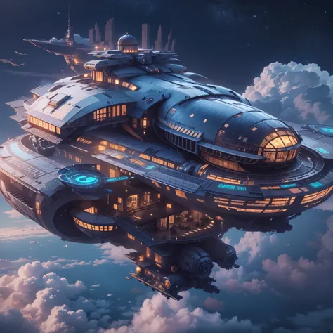 Huge spaceship floating in the sky，Spacious viewing platform，bird&#39;s eye view，Luxurious hull interior，Full of futuristic technology，detail，Exquisite，Gorgeous 3D rendering effects，Sci-fi colors