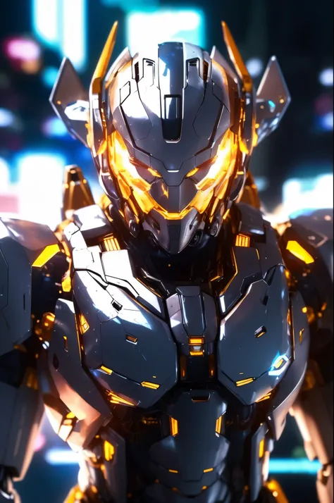 a close up of a robot with a glowing face and a glowing body, intricate glowing mecha armor, mecha suit, amazing octane render, ...