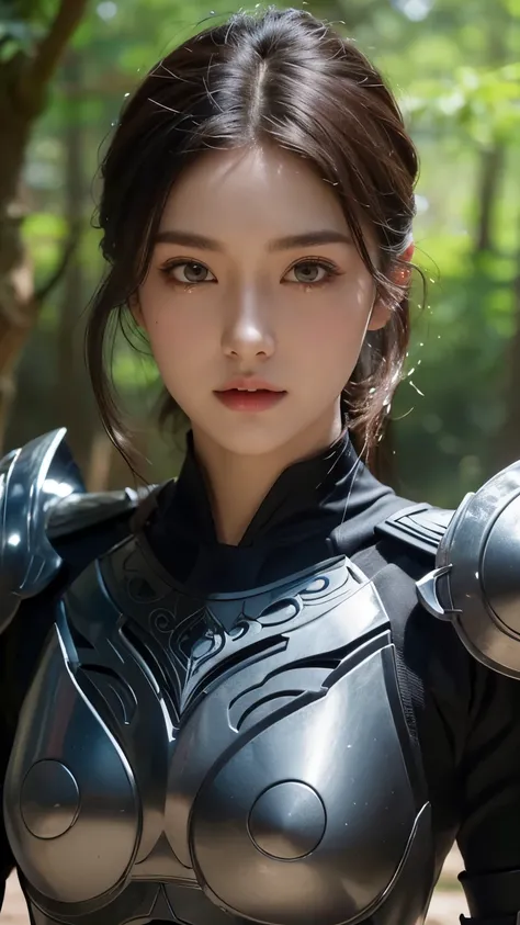 a sserafimsakura, perfect eyes, (ultra realistic:1.5), (standing in forest:1.2), (close-up photo:1.5), (black paladin armor:1.2), (intricate:1.2), (looking at camera:1.2), (best quality:1.2), 