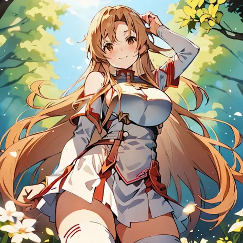 Asuna(Sword Art Online), chestnut hair, long hair, hazel eyes, big breasts, smilling, white armor, red skirt, white thighhighs, full head, beautiful legs, perfect eyes, high quality face, ((from below))