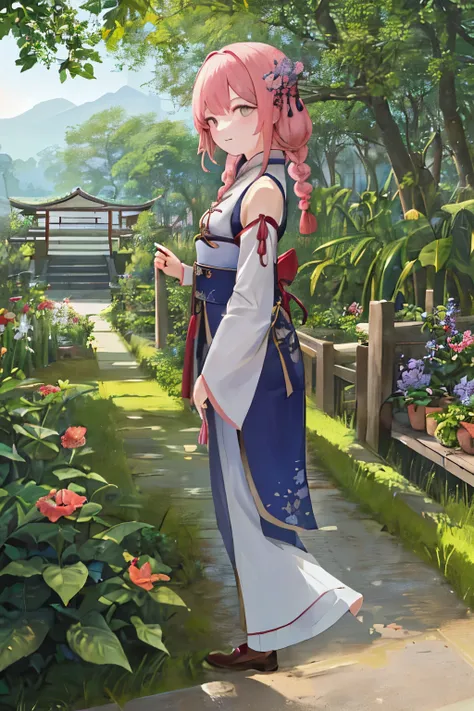 In the serene and tranquil surroundings of a traditional Chinese landscape, a graceful girl in a delicate, flowing dress stands before a grove of towering bamboo stalks. The soft light filtering through the leaves casts a gentle glow upon her light gray ha...