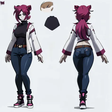 magenta hair,hair is styled in a bun,magenta bangs,black turtleneck,jeans,jean pants,white skin,bleach white skin,bangs covering eyes,black canvas shoes,cancas shoes,reference,reference sheet