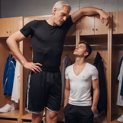 Incredible tall and strong old man with black tight shirt and sport shorts with a short young  white adult male, background is changing room