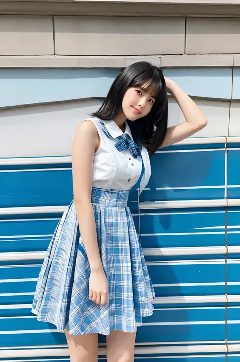 An 18-year-old high school girl wearing a super miniskirt with a light blue plaid pattern and a white dress shirt...（black hair）