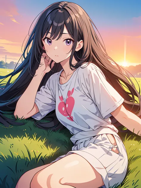 ( highres, ultra detailed, realistic, )(解剖学正确）, 1 girl,long black hair, wind blow，pink white stripe T-shirt, lying on the grass, black eyes looking at the sky, sunset sky background, ultra - detailed, best quality, Detailed diagram, vectorized, 8K, Graphic...