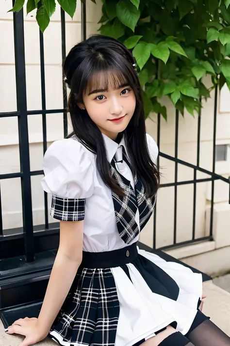 An 18-year-old high school girl wearing a black check miniskirt and a white shirt...（black hair）