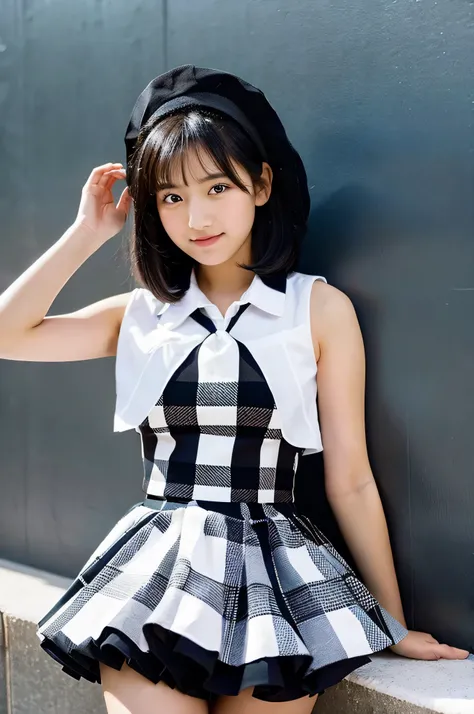 An 18-year-old high school girl wearing a black check miniskirt and a white shirt...（black hair）