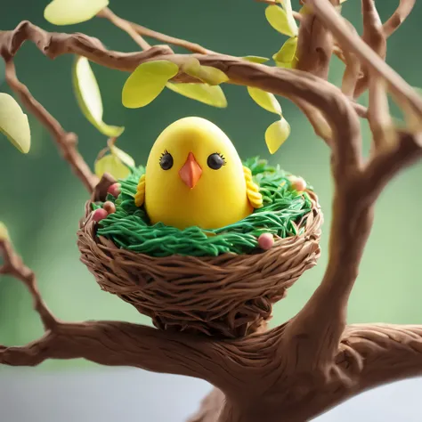 Nests，Bird eggs，Green leaves and branches，bird perched on branch，clay material, Cartoon design style, Bubble Mart, soft sunshine, smooth lines, tilt shift lens, Detailed magic illustrations, surreal details, warm color