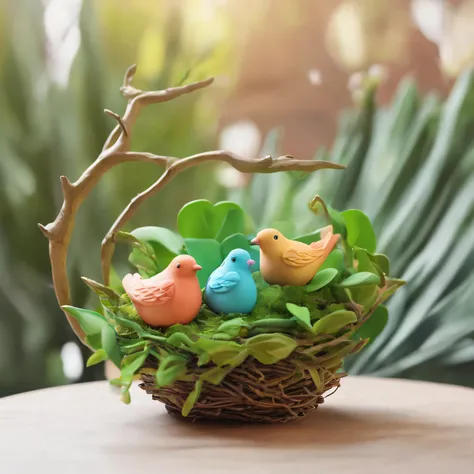 Nests，Bird eggs，Green leaves and branches，clay material, Cartoon design style, Bubble Mart, soft sunshine, smooth lines, tilt shift lens, Detailed magic illustrations, surreal details, warm color